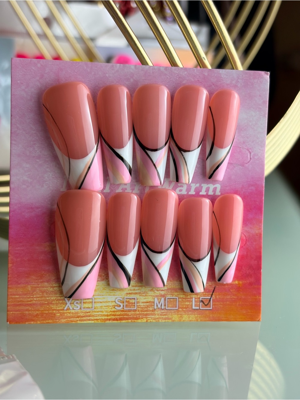 Peach Pink Abstract Swirl Press-On Nail Set Large